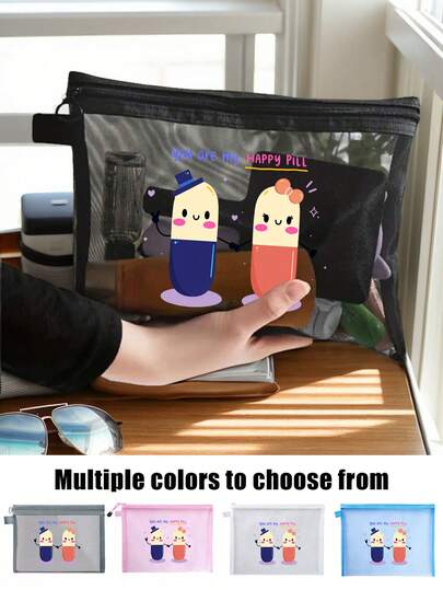 "You Are My Happy Pill" Mesh Zipper Pouch, Cute Cartoon Pill Print Cosmetic Bag With Wrist Strap, Multiple Colors Available, Ideal For Storing Medications, Cosmetics, Stationery & Daily Essentials, Desk Organization, Suitable For Students, Office Workers, Travelers, Perfect For Daily Commutes, School, Travel, Workdays & Gift-Giving, Lightweight Portable Design, Versatile As Medicine Pouch, Cosmetic Organizer, Stationery Bag