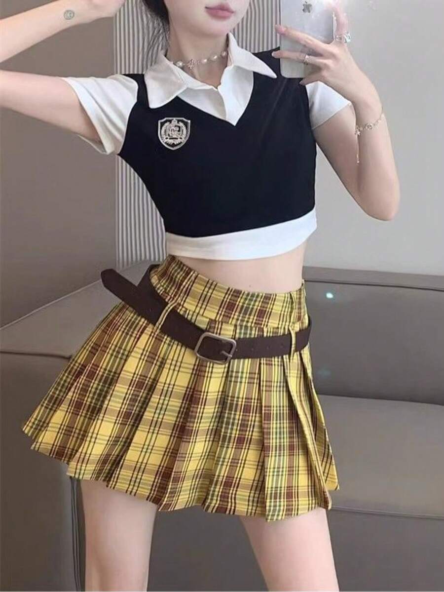 Women Skirts - Yellow Plaid Skirt - View 1
