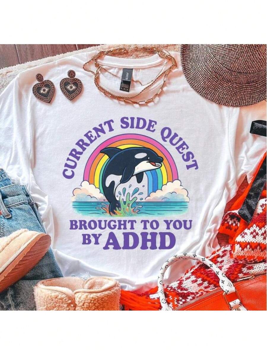 Current Side Quest Brought to You by aDHD - Letter-printed round-neck short-sleeved T-shirt, soft and breathable T-shirt - Bianco - Visualizzare 1