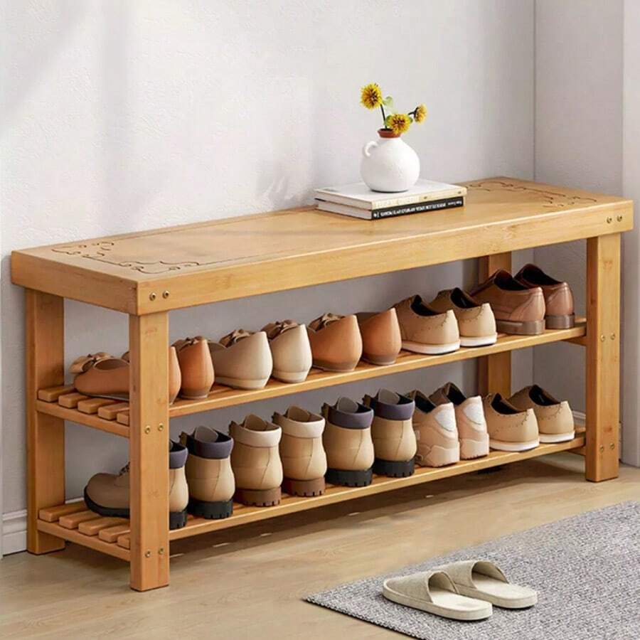 3 Tier Wooden Shoe Rack Seating Bench Hallway Storage Organiser Holder Stand - Yellow - View 1