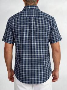 Men's Slim Fit Plaid Shirt, Navy Blue & White Fine Gingham Shirt, Minimalist Stylish Short Sleeve Top - Multicolor - View 2