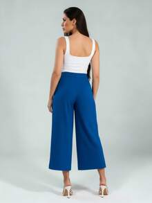Women's Linen Capri Midi Pantacourt Trousers With Buttons, Wide Leg, Flare, High Waist, Casual Style - Xanh đậm - Xem 2