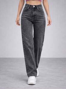 Women's Wide Leg Graphite Jeans, High Waist, Palazzo Style - 石墨 - 查看 5