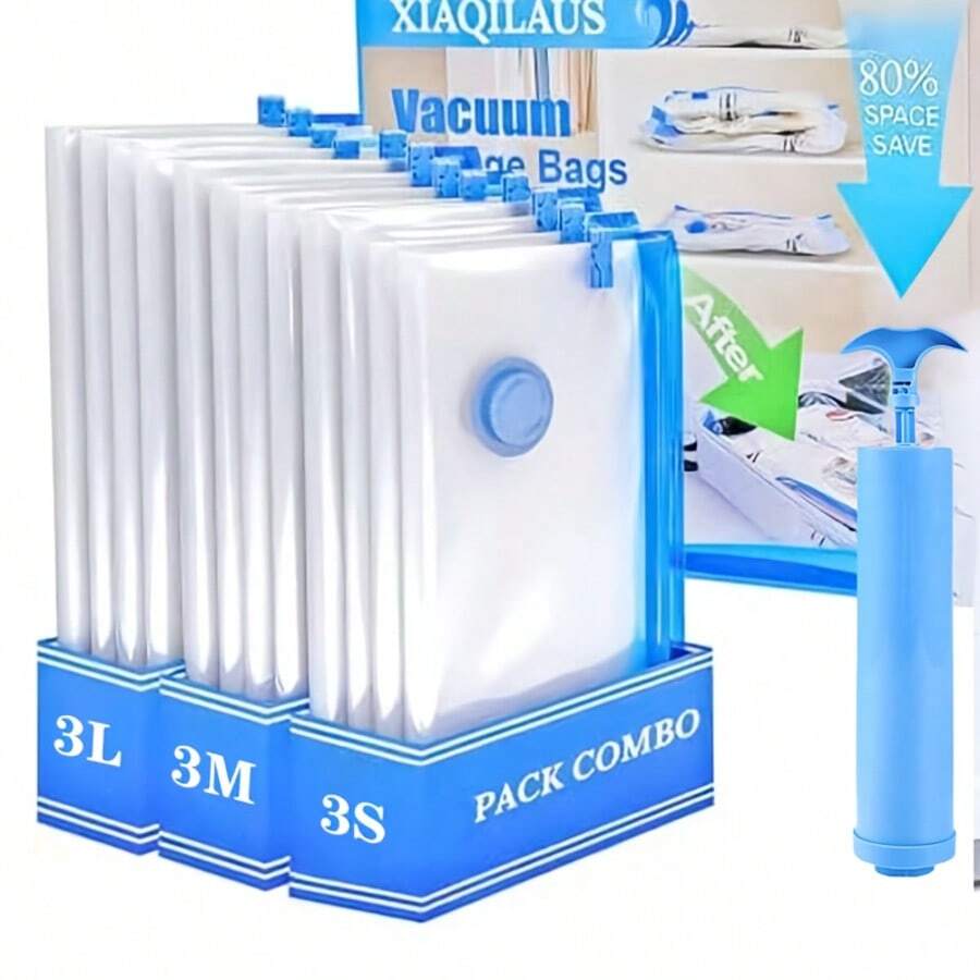 10 Stücke Reise-Organizer-Set - Kleidung Vakuum-Kompressionsbeutel - Reise-Aufbewahrungstaschen (3 Stücke klein für Rucksack + 3 Stücke mittel für Koffer + 3 Stücke groß für Schrank + 1 Stück Reise-Handluftpumpe), tragbares Reise-Organizer-Set geeignet für Geschäftsreise, Reise, Outdoor, Strand, Camping, Studentenwohnheim, Zuhause Schrank Aufbewahrung für Kleidung, Decken, Kissen - platzsparende Kompressions-Staubschutzbeutel