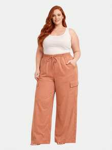 Women's Plus Size Tailored Cargo Pants With Wide Legs - 珊瑚粉 - 查看 1