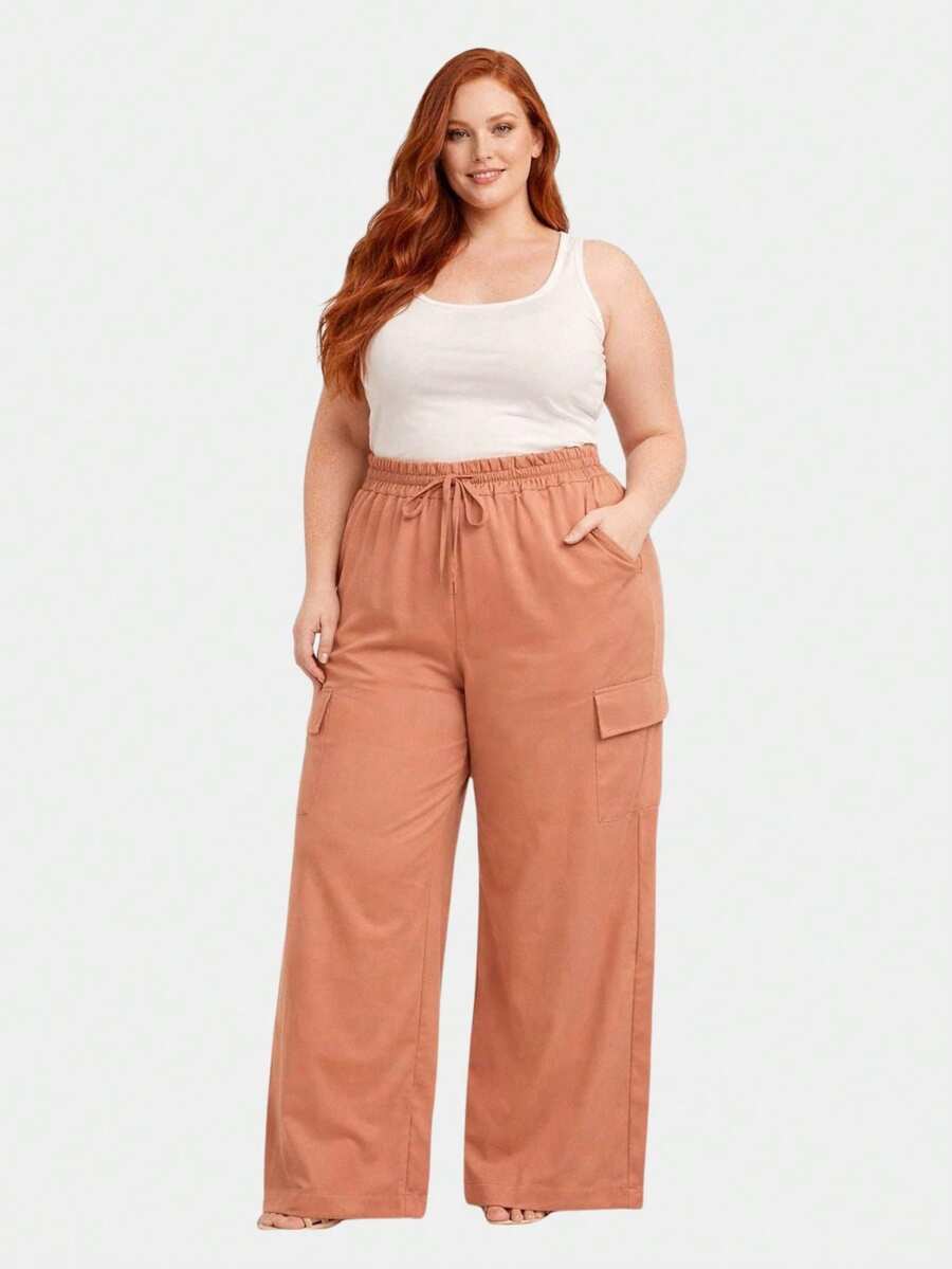 Women's Plus Size Tailored Cargo Pants With Wide Legs - 珊瑚粉 - 查看 1