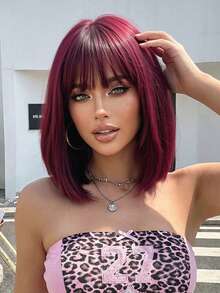 时尚12英寸橙色短波波头假发，适合女性 - 新手友好，耐热合成纤维，带刘海，适合日常佩戴和角色扮演 - 酒紅色 - 查看 1