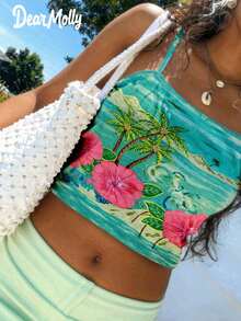 DEAR MOLLY Women's Y2K Retro Summer Island Coconut Tree & Floral Print Spaghetti Strap Crop Top, Sexy Midriff-Baring Vacation Essential - Multicolor - View 1