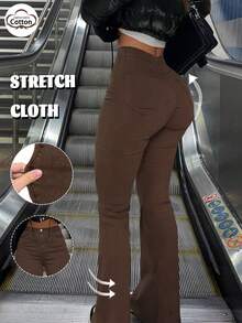 GILIPUR High-Waisted Flare Stretch Jeans, Brown Y2K Style Women's Pants, Elegant Casual Streetwear - Dark Khaki - View 2