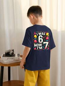 Camiseta de cuello redondo de manga corta con estampado informal para niños preadolescentes, top de verano - Azul Marino - Ver 2