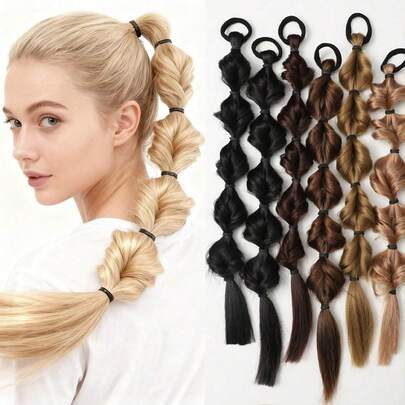 20-Inch Synthetic Bubble Braid, Solid Color Women Ponytail Extensions, European & American Fashion Handmade Ponytail Accessory For Daily, Festival, Party Use