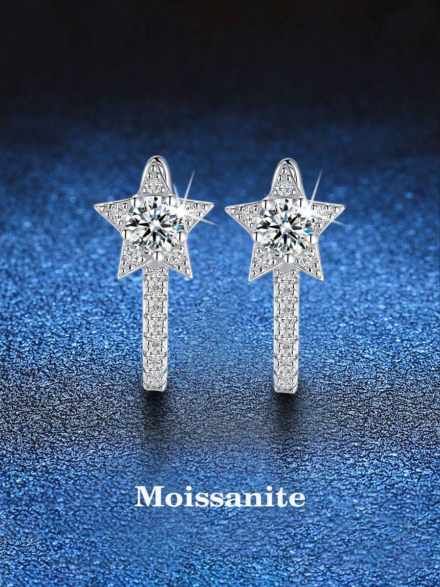 BLOVEMEE 2pcs Luxury 925 Sterling Silver 0.5Carat X 2 Moissanite U-Shaped Star Earrings, Suitable For Women's Daily Wear, Party, Holiday, Mother's Day, Wedding Anniversary, Birthday Shiny Jewelry Gift - EH0085M - View 1