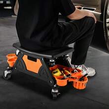 Mechanic Stool - 25.5" X 13" X 12" , Rolling Work Seat W/Lockable Swivel Wheels And Storage Tool Tray - Orange - View 2