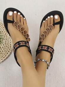 1 Đôi sandal chiến binh kiểu Bohemian cổ điển với nhẫn ngón chân hình trái tim và hoa. - màu đen - Xem 3