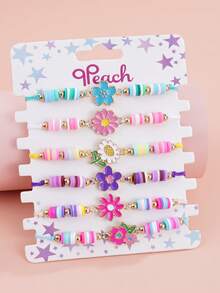 6件套铜镀锌合金向日葵雏菊吊坠可调节手链，适合女孩佩戴 - 彩色 - 查看 11