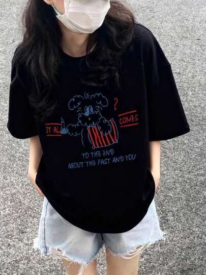 女士圆领短袖T恤，夏季新款卡通小狗图案字母印花，时尚休闲百搭宽松上衣