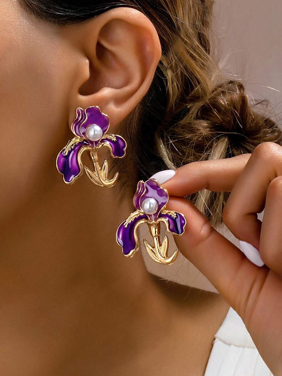 1对时尚花朵耳钉，适合女性日常佩戴 - 彩色 - 查看 1