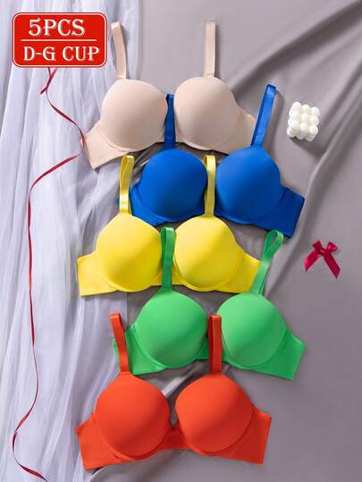 MLeyhoice 5pcs Plus Size Seamless Shiny Full Cup Underwire Bra Set, Comfortable For Valentine's Day And Casual Everyday Wear