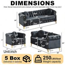 Modern Velvet Chesterfield Modular Sofa Couch Set With Tufted Button Back, Copper Stud Trim, Metal Legs & Decorative Armrest Rings, Spring Cushion Living Room Sofa, Single Seat, Loveseat & 3 Seater Upholstered Couch For Home Apartment - 黑色 - 查看 2