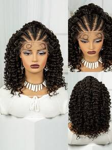 优雅杰瑞卷辫子波波头假发，女士款 - 13x6蕾丝前额，轻盈合成纤维，手工盒式辫子，带婴儿发 - 黑色 - 查看 2