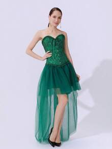 1 pièce Jupe asymétrique à volants pour femmes en noir, vert olive, rouge, blanc, rose rouge, bleu marine. Décoration de vacances, ourlet évasé court devant long derrière, style gothique en tulle maille - Multicolore - Voir 3