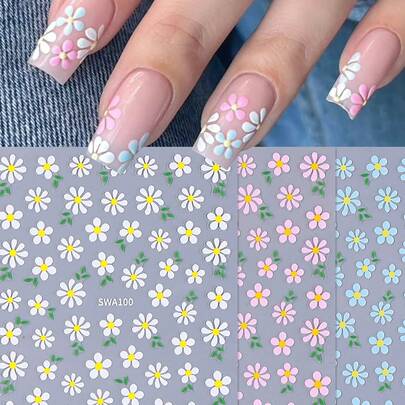 3pcs/Set Spring Daisy Flower Nail Stickers, 3D White, Blue, Pink Daisy Pattern, Spring Easter DIY Nail Art Decals, Women Nail Accessories Nails