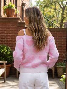 Women's Valentine's Day Heart Sweater Cold Shoulder Long Sleeve Knit Jumper Romantic Round Neck Pullover Tops - Pink - View 2