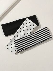 ROMWE Kawaii 3pcs Black & White Polka Dot + Striped Elastic Sweatband, Suitable For Daily Life, Yoga, Fitness, Travel, Women Hair Accessories - 條紋/3PCS - 查看 3