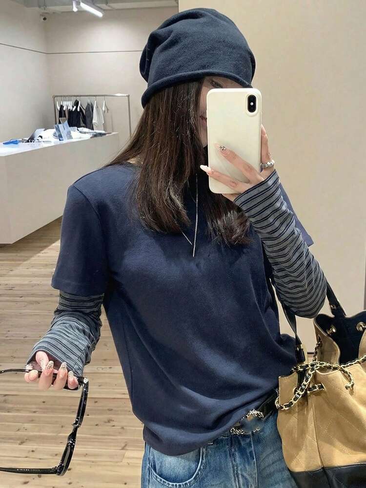 Striped Patchwork Round Neck 2 In 1 Long Sleeve T-Shirt, Slim Fit Contrast Color Versatile Base Layer Top For Spring/Summer - Navy Blue - View 1