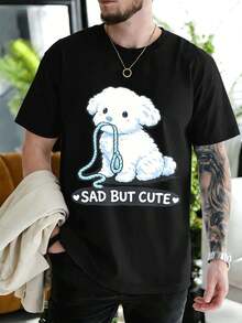 Maglietta grafica con cucciolo triste ma carino, cotone di prima qualità, vestibilità comoda, street hip-hop, stampa artistica - nero - Visualizzare 1