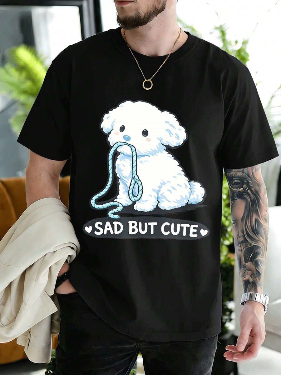 Maglietta grafica con cucciolo triste ma carino, cotone di prima qualità, vestibilità comoda, street hip-hop, stampa artistica - nero - Visualizzare 1