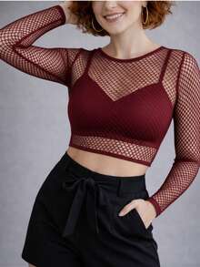Women's Cropped Blouse In Sheer Mesh, Perfect For Vacation, Beach, And Home. - Redwood - View 8