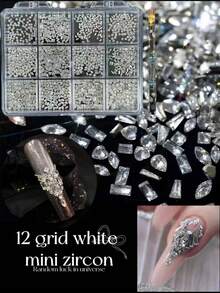 1200颗扁平白色水晶美甲水钻套装 - 12种款式，DIY美甲及配件或日常用品，包含1支点钻笔，超闪亮美甲宝石套装，1-5毫米多种尺寸水钻，适用于美甲沙龙、居家DIY、美甲用品、圣诞节、新年、情人节美甲、节日礼物 - 無色 - 查看 1