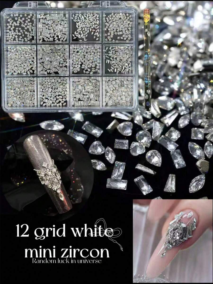 1200颗扁平白色水晶美甲水钻套装 - 12种款式，DIY美甲及配件或日常用品，包含1支点钻笔，超闪亮美甲宝石套装，1-5毫米多种尺寸水钻，适用于美甲沙龙、居家DIY、美甲用品、圣诞节、新年、情人节美甲、节日礼物 - 無色 - 查看 1