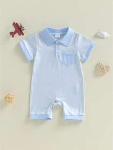 Infant Baby Boy Romper Lapel Collar Short Sleeve Plaid Print Upper Button Jumpsuit - 藍色 - 查看 1