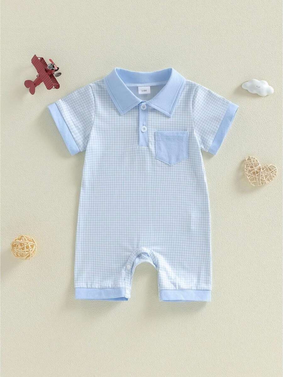 Infant Baby Boy Romper Lapel Collar Short Sleeve Plaid Print Upper Button Jumpsuit - 藍色 - 查看 1