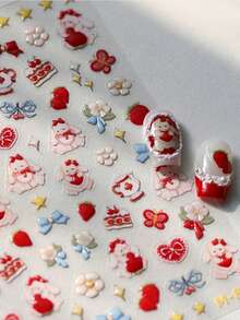 1片可爱粉色草莓兔甜美水果草莓蛋糕蝴蝶花兔子蝴蝶结爱心星星5D超可爱卡通风格美甲贴纸，女孩和女士美甲用品装饰 - 彩色 - 查看 3