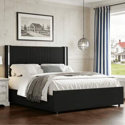 Cama Queen con cabecero, plataforma tapizada en terciopelo con cabecero capitoné, borde cromado, listones de madera, sin somier, fácil montaje, tamaño matrimonial/queen/king, negro/gris/blanco