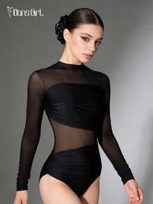 DonsGirl 1pc Women's Asymmetric Ballet Leotard - Sequin Lycra & Mesh Fabric With Ruched Design, Versatile Jumpsuit - Black - View 9