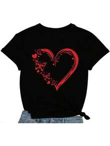 Valentines Day Shirts Love Heart Shirt Valentines Day Love Heart T-Shirt Printed T Shirt Women Tops - Noir - Voir 3