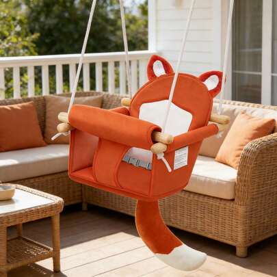 Wooden Baby Swing For Infants And Toddlers - Adorable Fox Hanging Chair With Adjustable Ropes & Belt, Portable Outdoor Tree Swing For Kids With Strap Adjustable Height & Harness Indoor And Outdoor Wood Swing Set For Nursery & Backyard, Max 55lbs Fox Nursery Decor & Play Equipment, Easy To Install