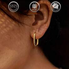 1 Pair Minimalist Elegant 925 Sterling Silver Polished Oval Hoop Earrings, Suitable For Daily, Party, Holiday, Date, Gift - Gold - View 8