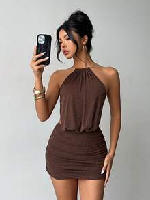 Brown Glitter Halter Neck Open Back Bodycon Mini Dress With Back Waist Tie Detail – Elegant Sexy Party Style Ideal For Party Nights, Carnival, Evening Going Out, Music Festival, Vacation, Plain Spring Summer Outfit - Coffee Brown - View 7