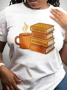 Camiseta Casual de Cuello Redondo para Mujer con Diseños de Libros y Café, Estilo Artístico para el Día de San Valentín - Blanco - Ver 2