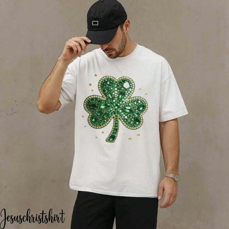 White T-Shirt With Green Clover Rhinestone Design For St Patrick's Day Celebration,Graphic Tees Women,Shirts,Tops,St Patricks Day Shirt Shamrock - 白色 - 查看 1