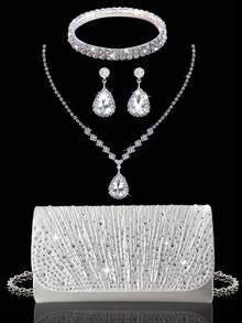 Shiny Rhinestone Flap Evening Bag Party Bag, Elegant And Fashionable Pleated Clutch Prom Bag, With Shiny Rhinestone Jewelry Three Pieces Set, Suitable For Parties, Dinners, Gatherings, Dances, Weddings. - Silver - View 11