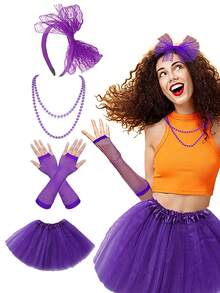 Bộ 4 món D EXCEED dành cho nữ: Váy tutu xếp lớp bằng vải tuyn, băng đô ren, vòng cổ neon và găng tay lưới hở ngón, thích hợp cho tiệc tùng thập niên 80, phong cách retro thập niên 80, trang phục lễ hội và thời trang hàng ngày. - Nhiều màu - Xem 1