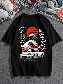 AnChiStreetwear - 大码男士时尚简约火山与日系汽车风景印花休闲短袖T恤，适合街头穿搭、户外活动和日常通勤。 - 黑色 - 查看 3