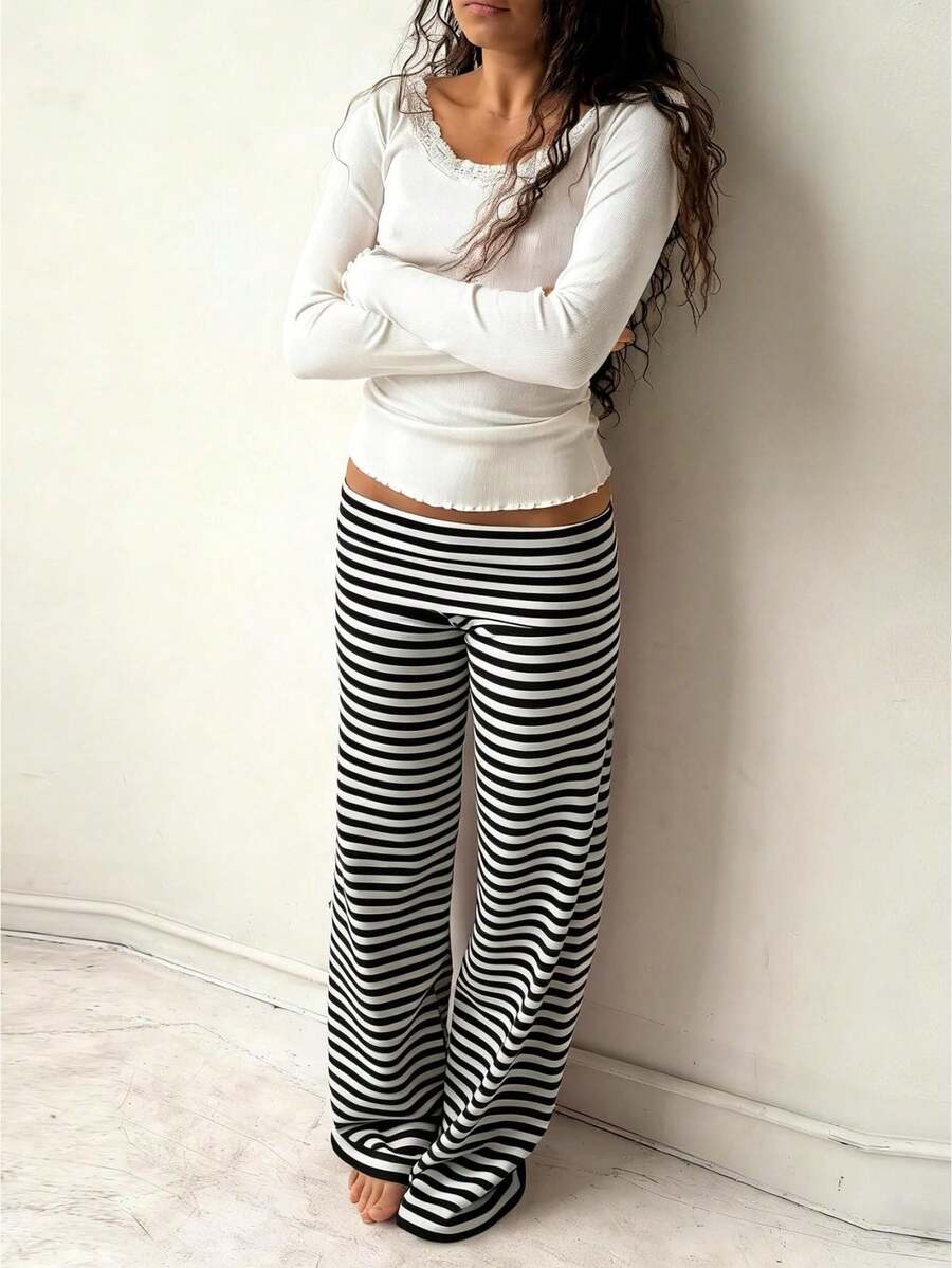 Women Low Waist Loose Fit Striped Folds Over Wide Leg Pants Lounge Home Sweatpants - 灰色 - 查看 1