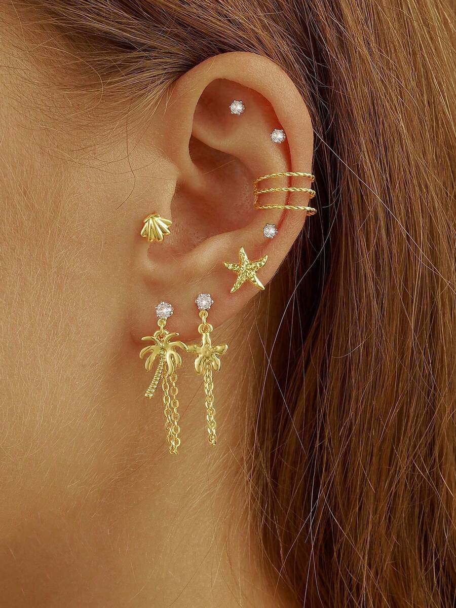 8件套海洋元素椰子树和海星耳环套装，女士沙滩风叠戴耳环配饰，度假沙滩耳环 - 金色 - 查看 1